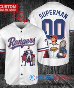 Texas Rangers x Superman DC Comics with Trophy Custom Baseball Jersey White