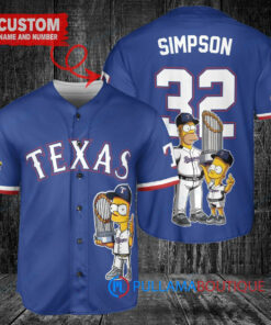 Texas Rangers x The Simpsons Bart Simpson, Homer Simpson, Lisa Simpson with Trophy Custom Baseball Jersey Royal